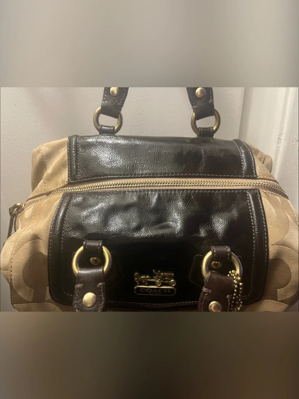 Coach Signature Shoulder Bag in Tan and Brown with Gold Hardware
